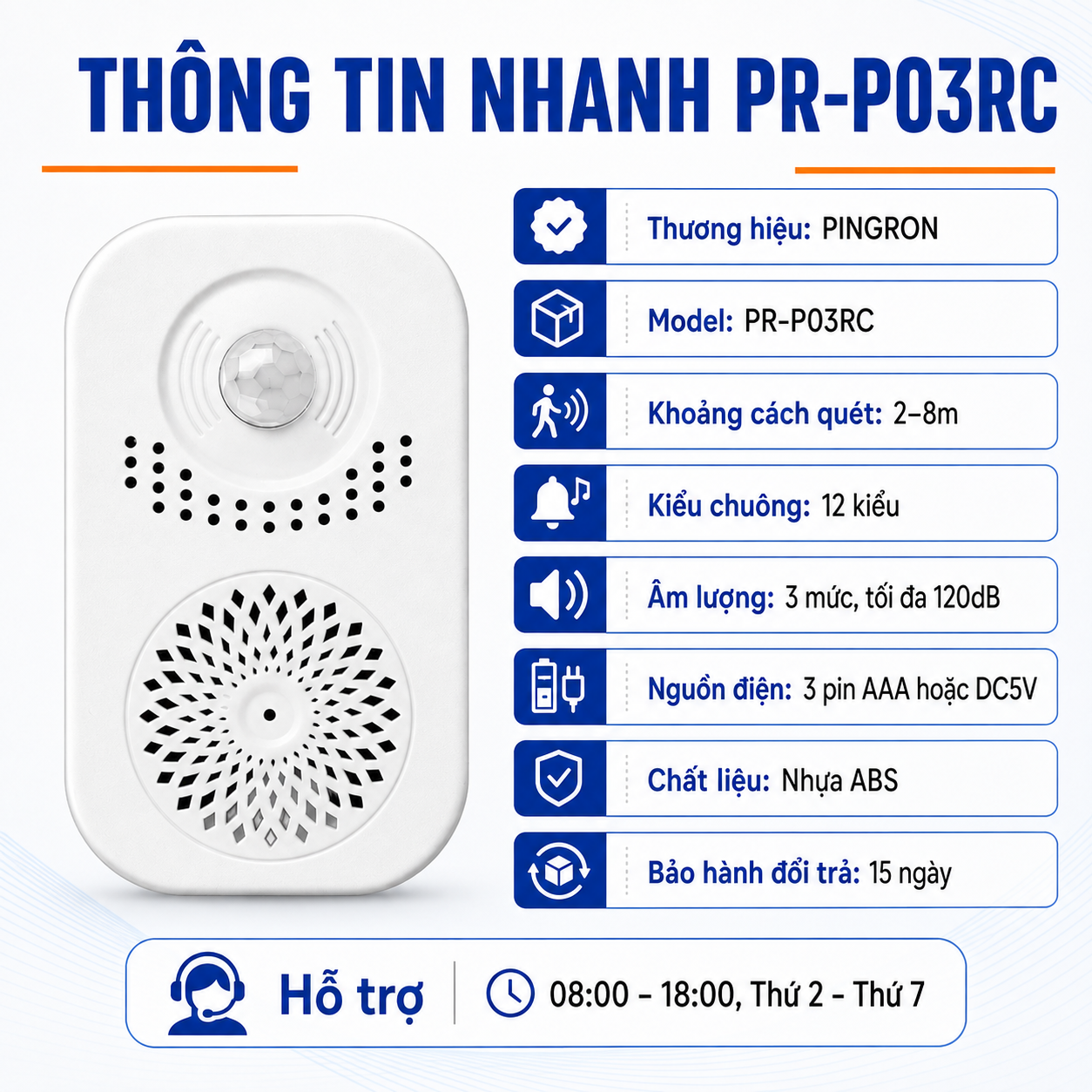 Chuông Báo Khách Tự Động PINGRON PR-P15RC Cảm Biến Hồng Ngoại, Ghi Âm Tiếng Việt – ảnh 9