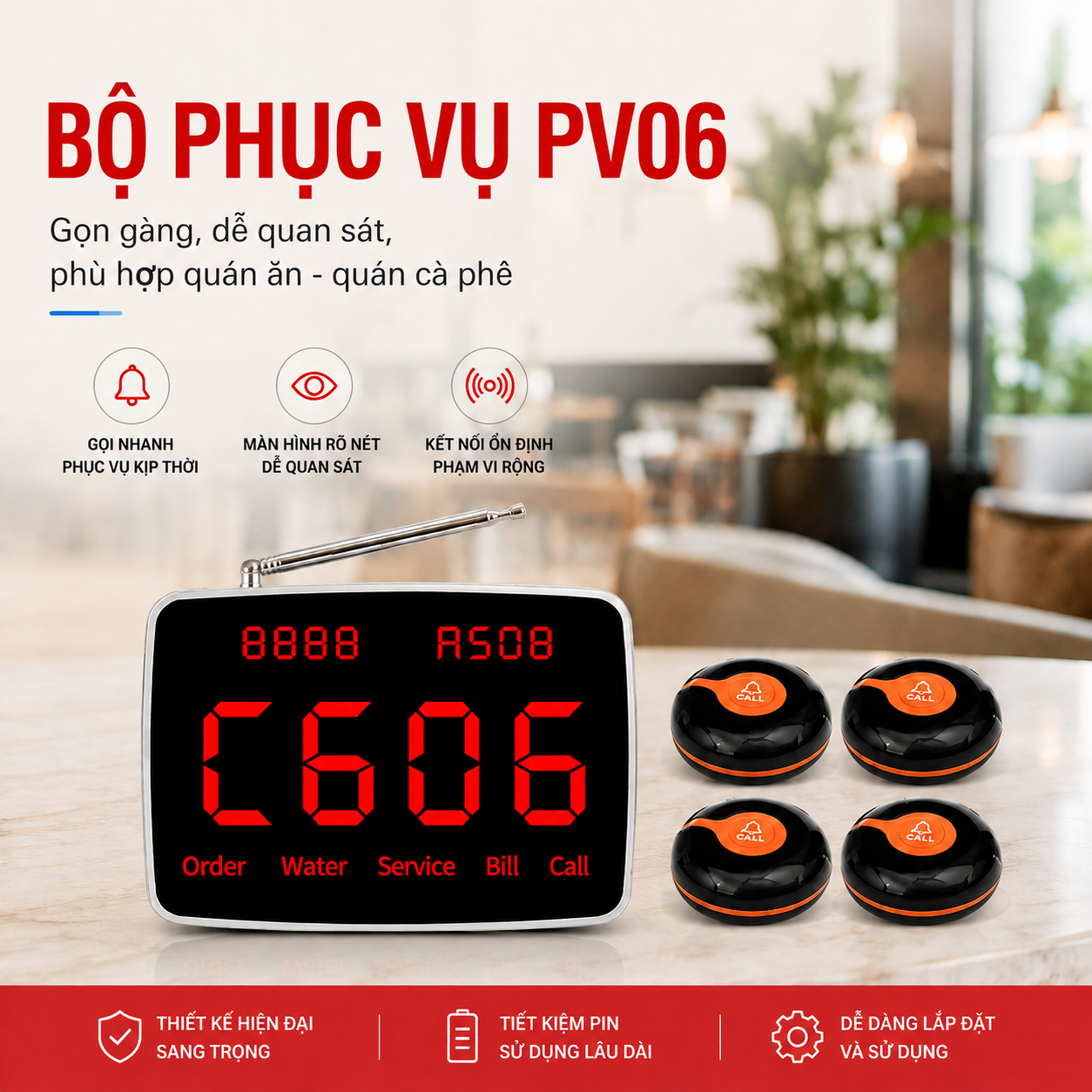 Chuông Gọi  Phục Vụ Không Dây Pingron PV06 Cho Nhà Hàng, Quán Cafe