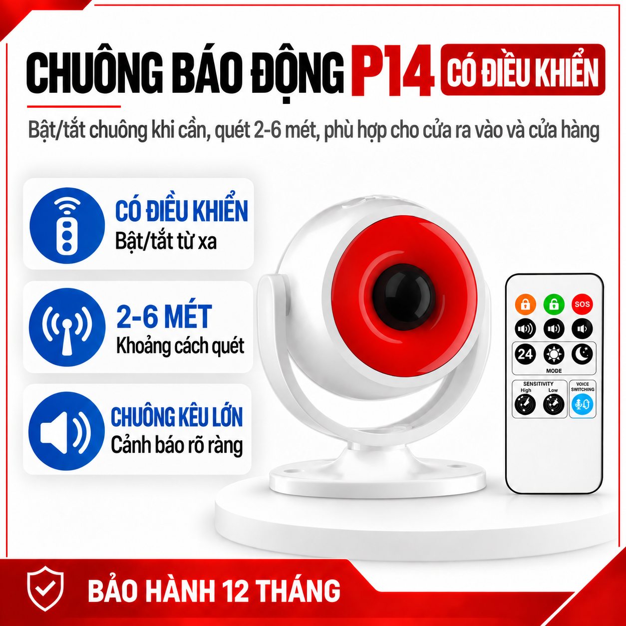 Chuông báo động chống trộm hồng ngoại PINGRON P14 có remote