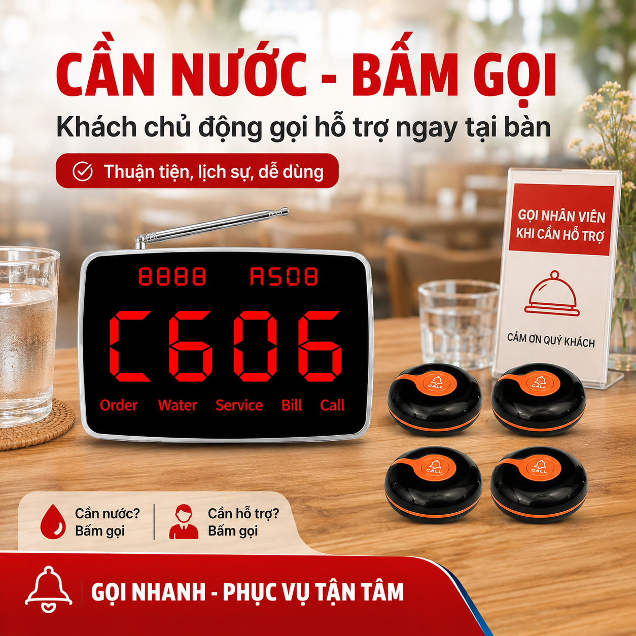 Bộ gọi phục vụ PV06 giúp khách gọi nhân viên khi cần thêm nước hoặc hỗ trợ