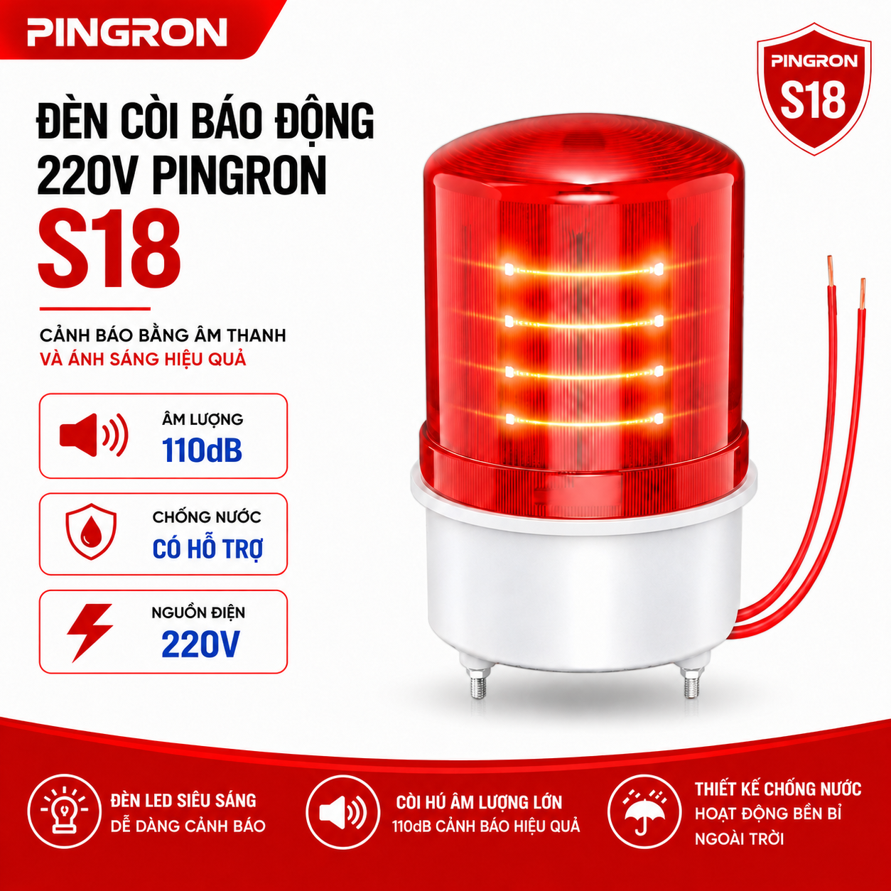 Còi Đèn Báo Động PINGRON S18 220V | Âm Thanh 110dB, Đèn Đỏ Cảnh Báo