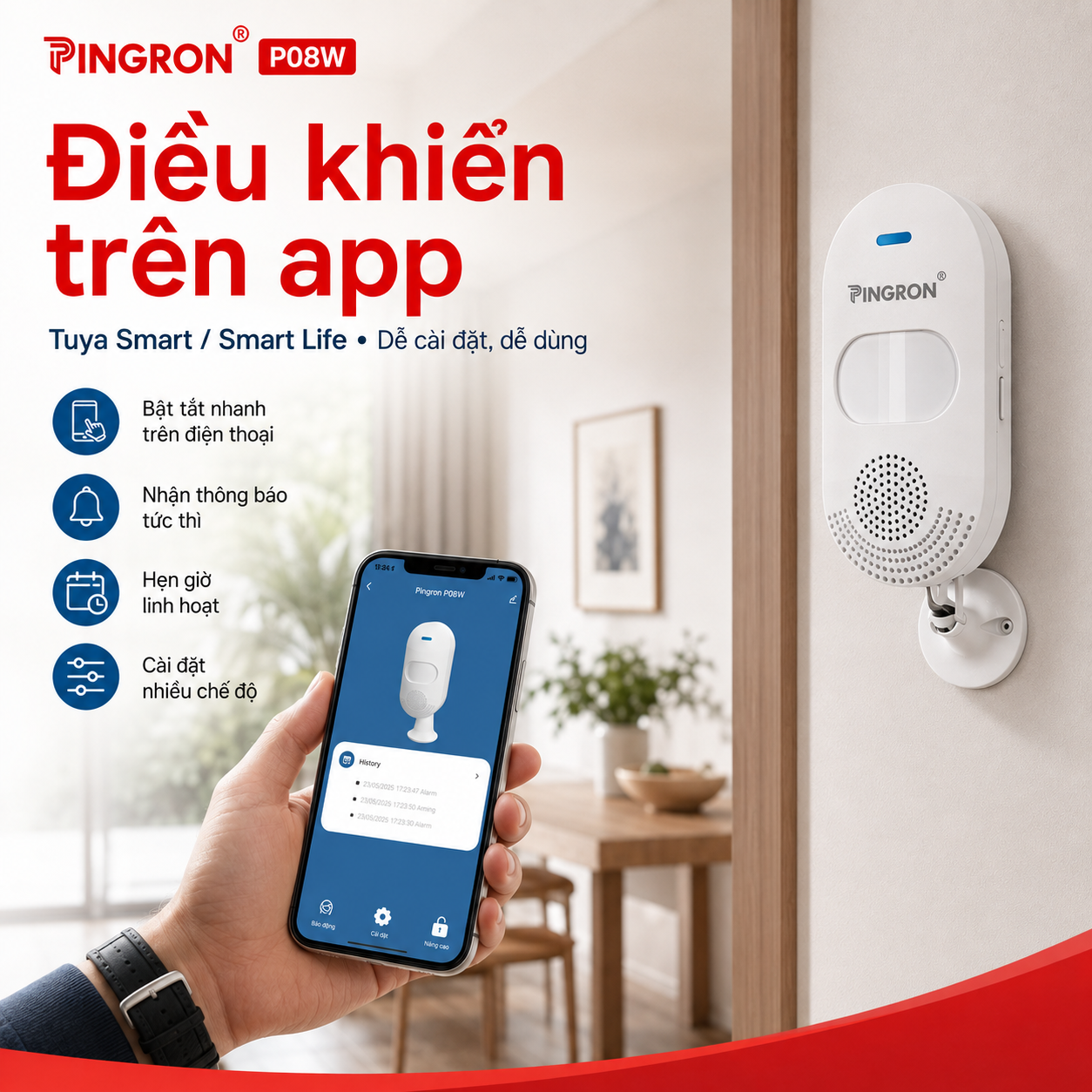 Điều khiển chuông báo động Pingron P08W trên ứng dụng Tuya Smart và Smart Life