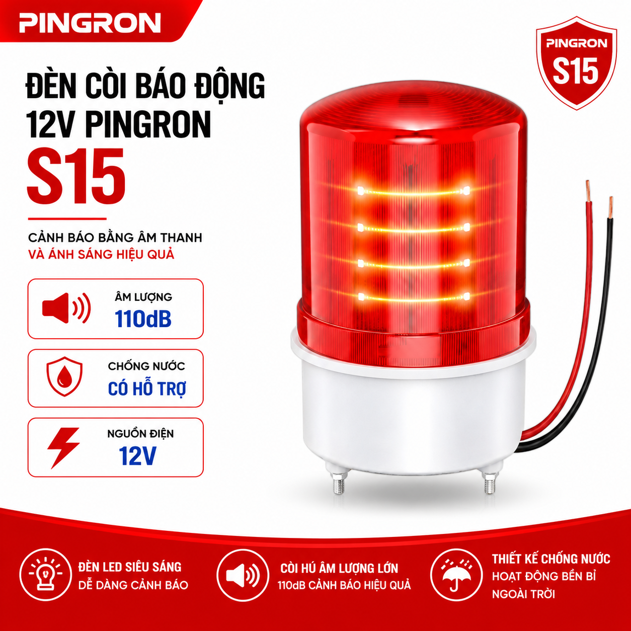 Đèn Còi Báo Động 12V PINGRON S15 – 110dB, Đèn Cảnh Báo Đỏ, Công Suất 10W
