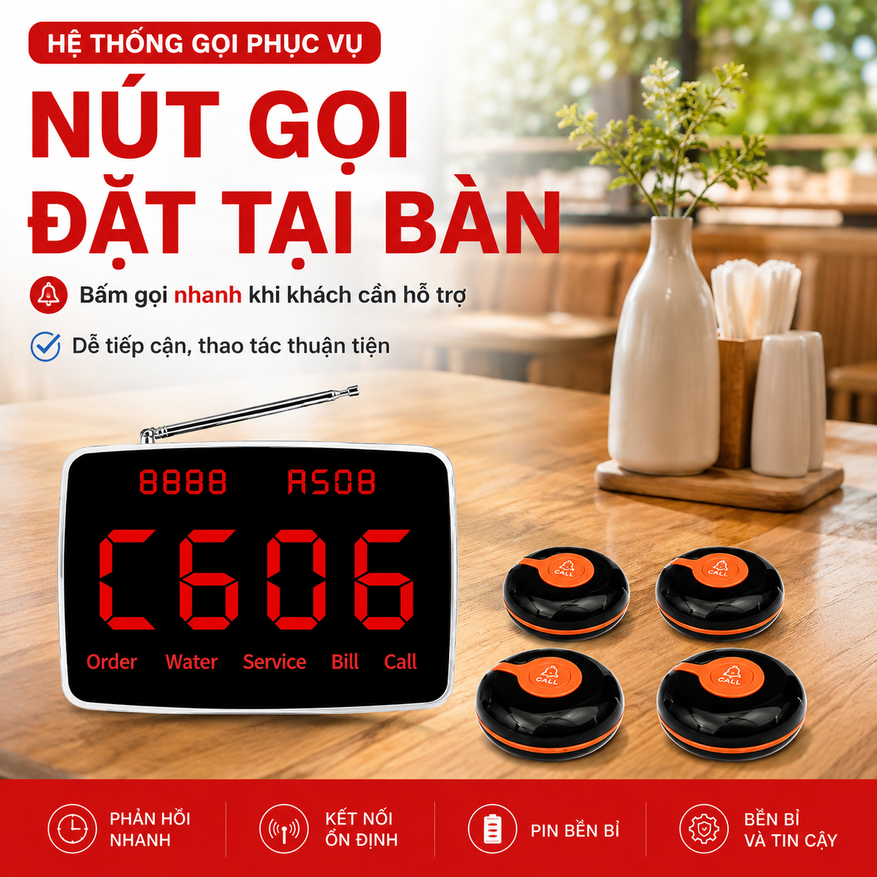 Nút gọi phục vụ PV06 đặt tại bàn nhà hàng quán cafe