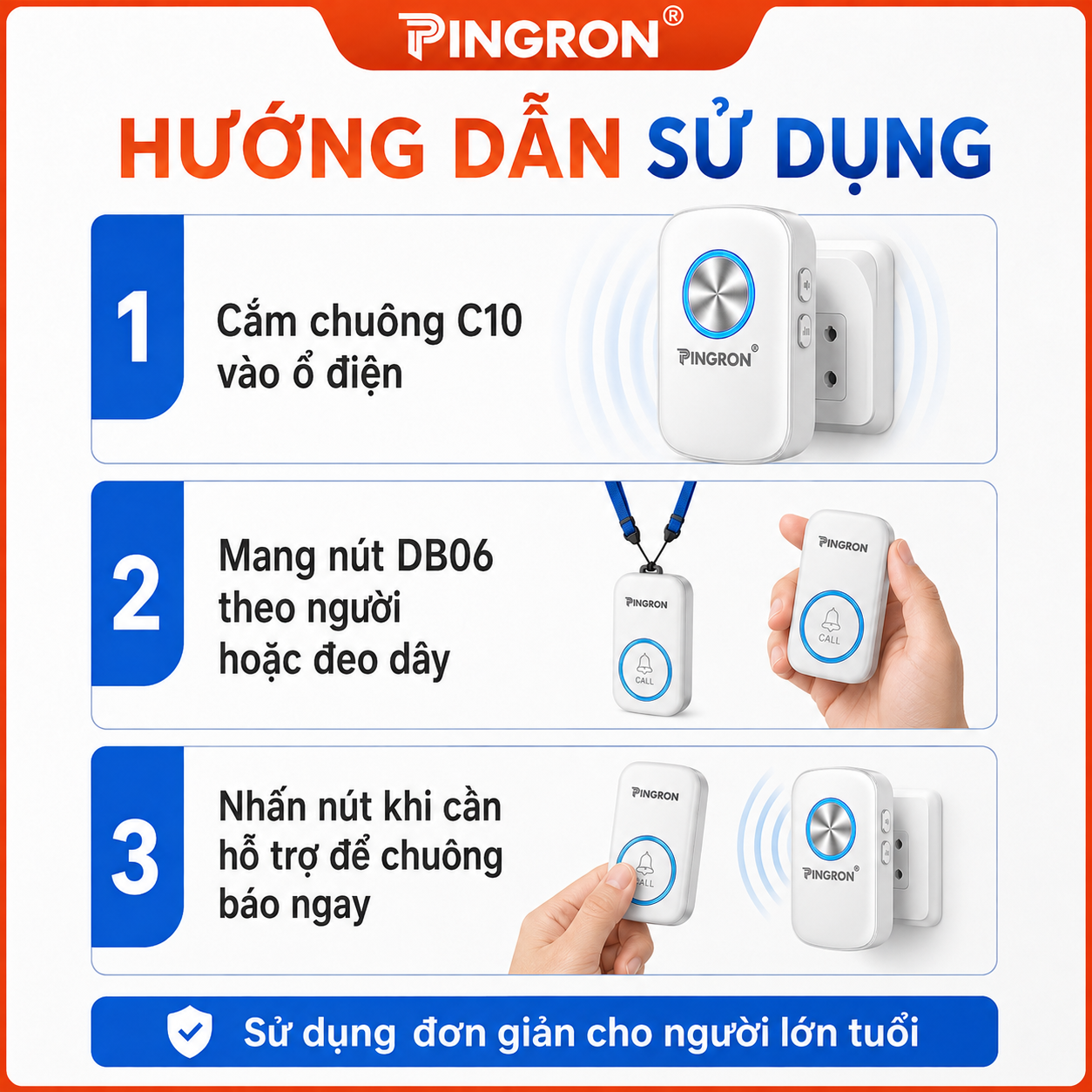 Chuông báo động khẩn cấp SOS PINGRON C10 + nút nhấn DB06 cho người già – image 6