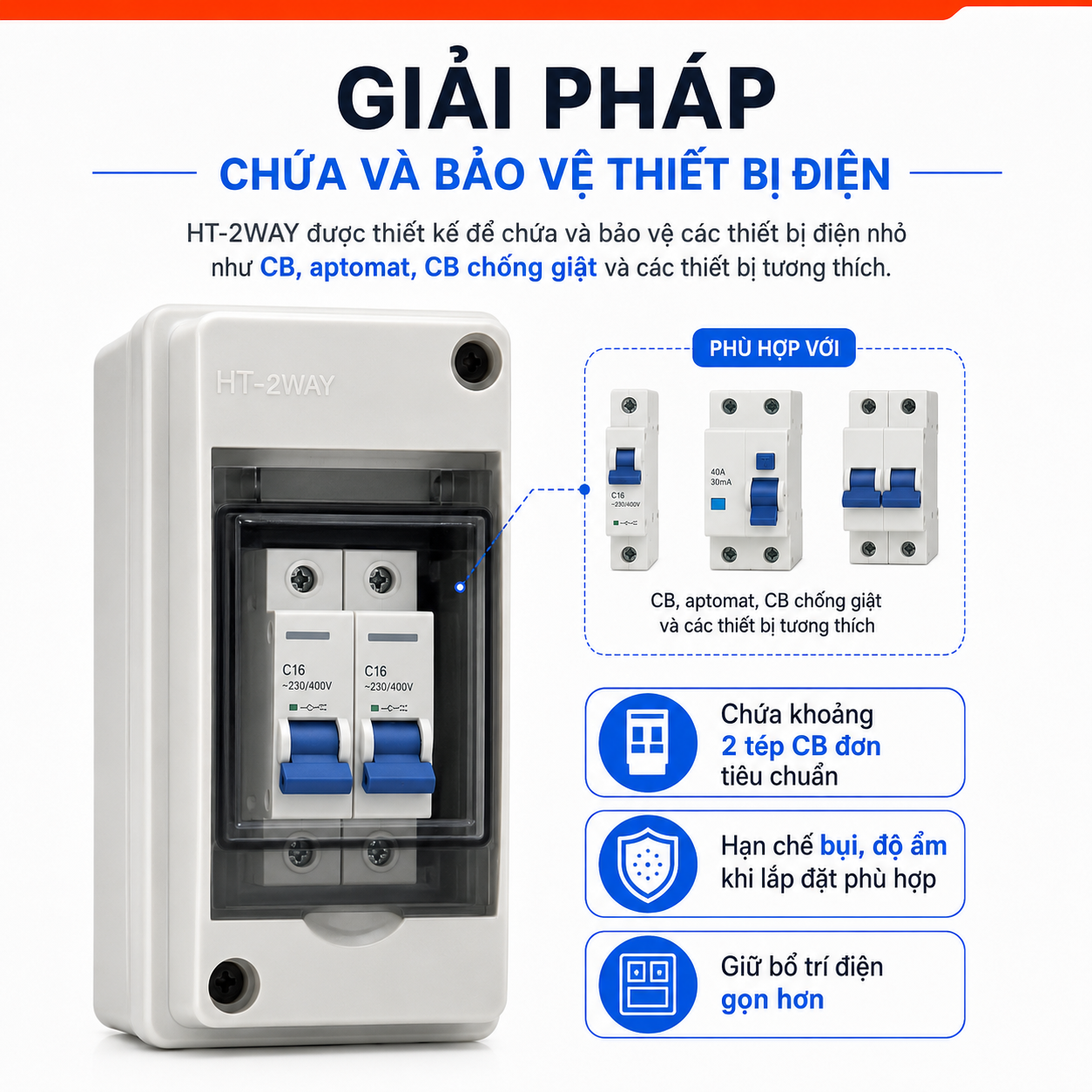 Hộp tủ điện chống nước lắp nổi HT-2WAY dùng cho CB, aptomat – ảnh 3