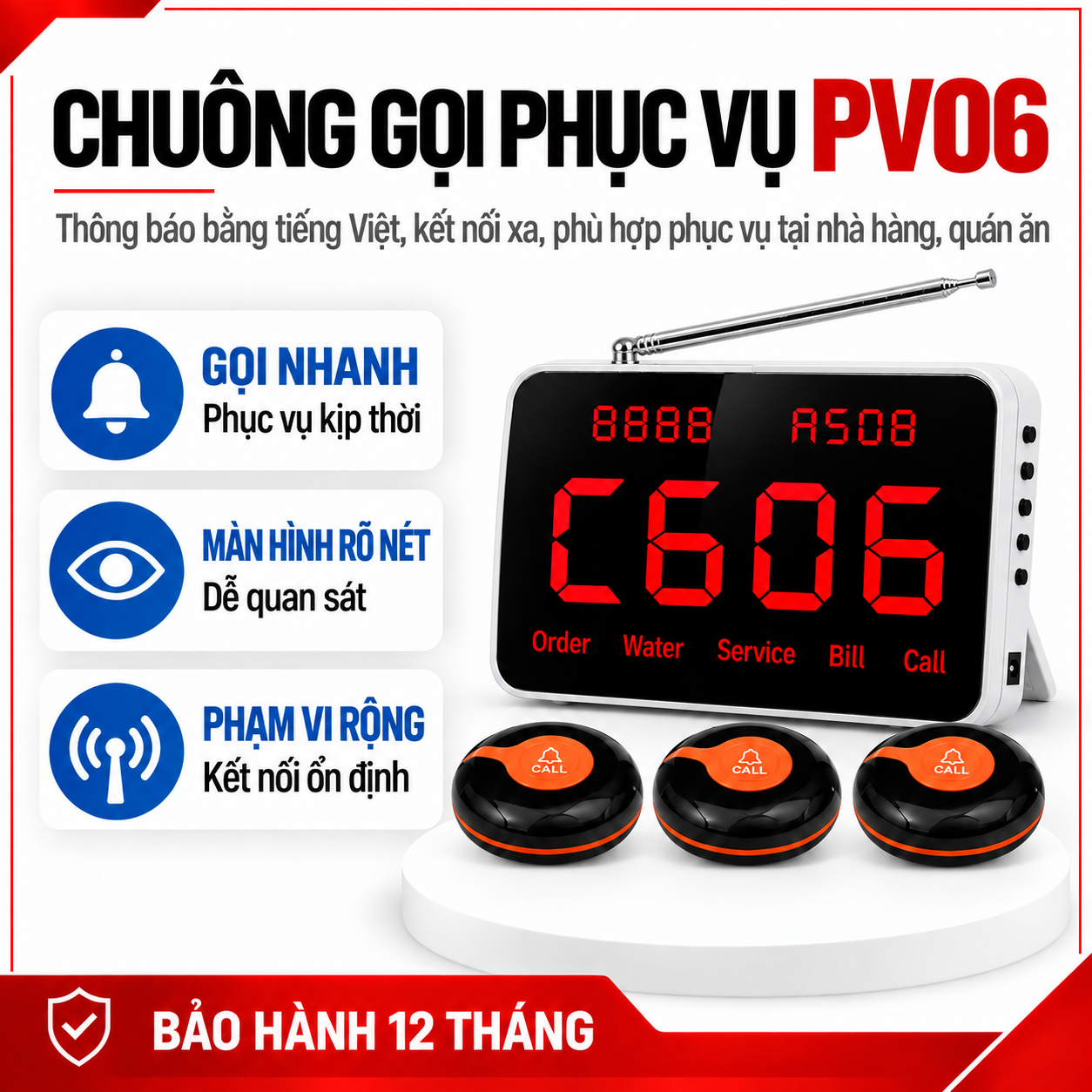 Chuông Gọi  Phục Vụ Không Dây Pingron PV06 Cho Nhà Hàng, Quán Cafe