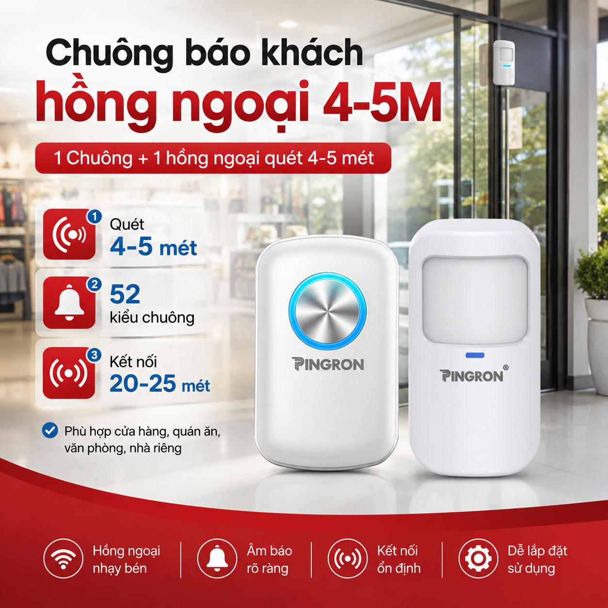 Chuông Báo Khách Hồng Ngoại Cho Cửa Hàng Pingron C10 | Khoảng Cách Quét Xa 2-7M