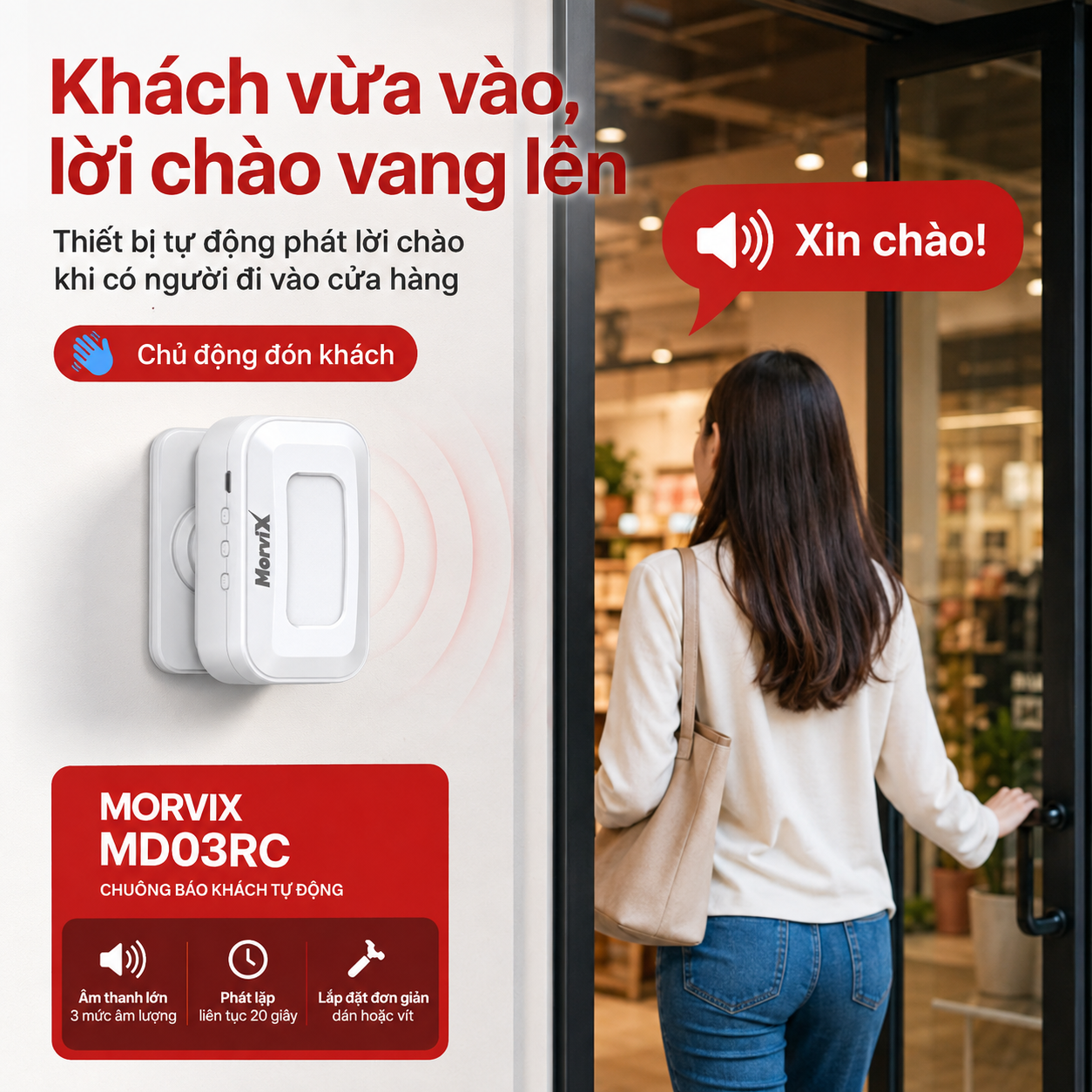 Chuông MORVIX MD03RC tự động phát lời chào khi khách bước vào cửa hàng