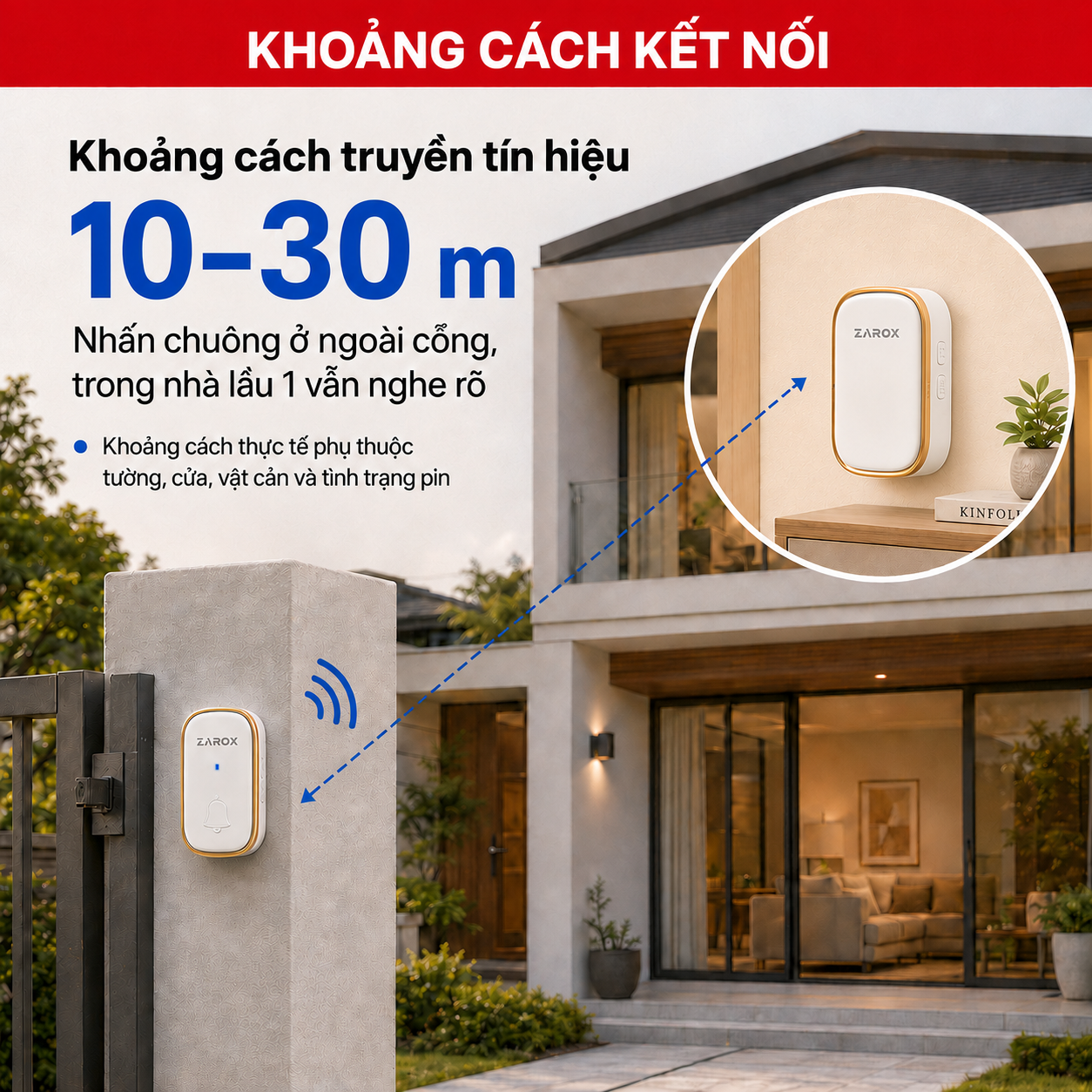 Khoảng cách kết nối ZAROX ZD02 từ nút nhấn ngoài cổng đến chuông trong nhà 10 đến 30 mét