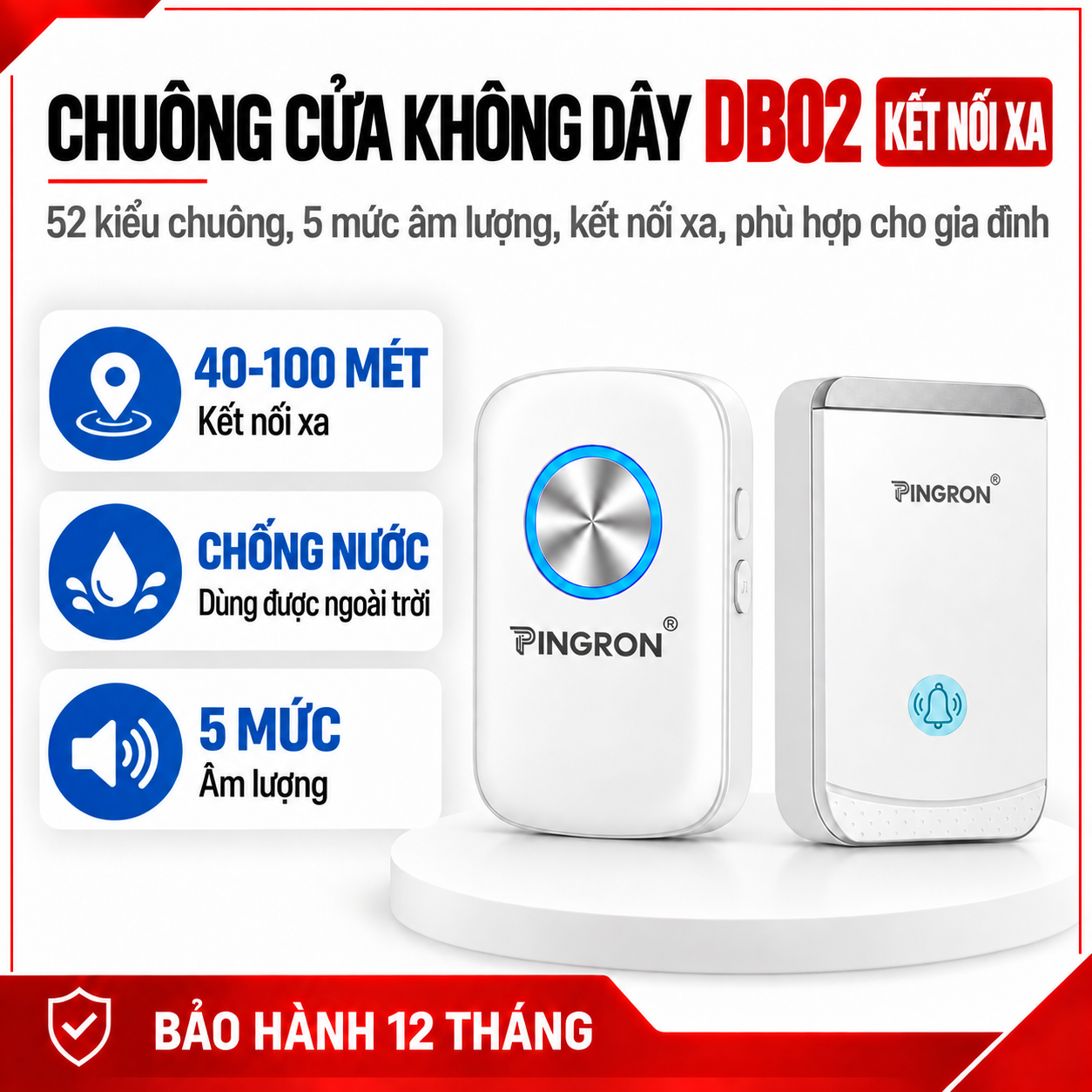 Chuông cửa không dây PINGRON DB02 – Cài chuông riêng cho từng nút nhấn