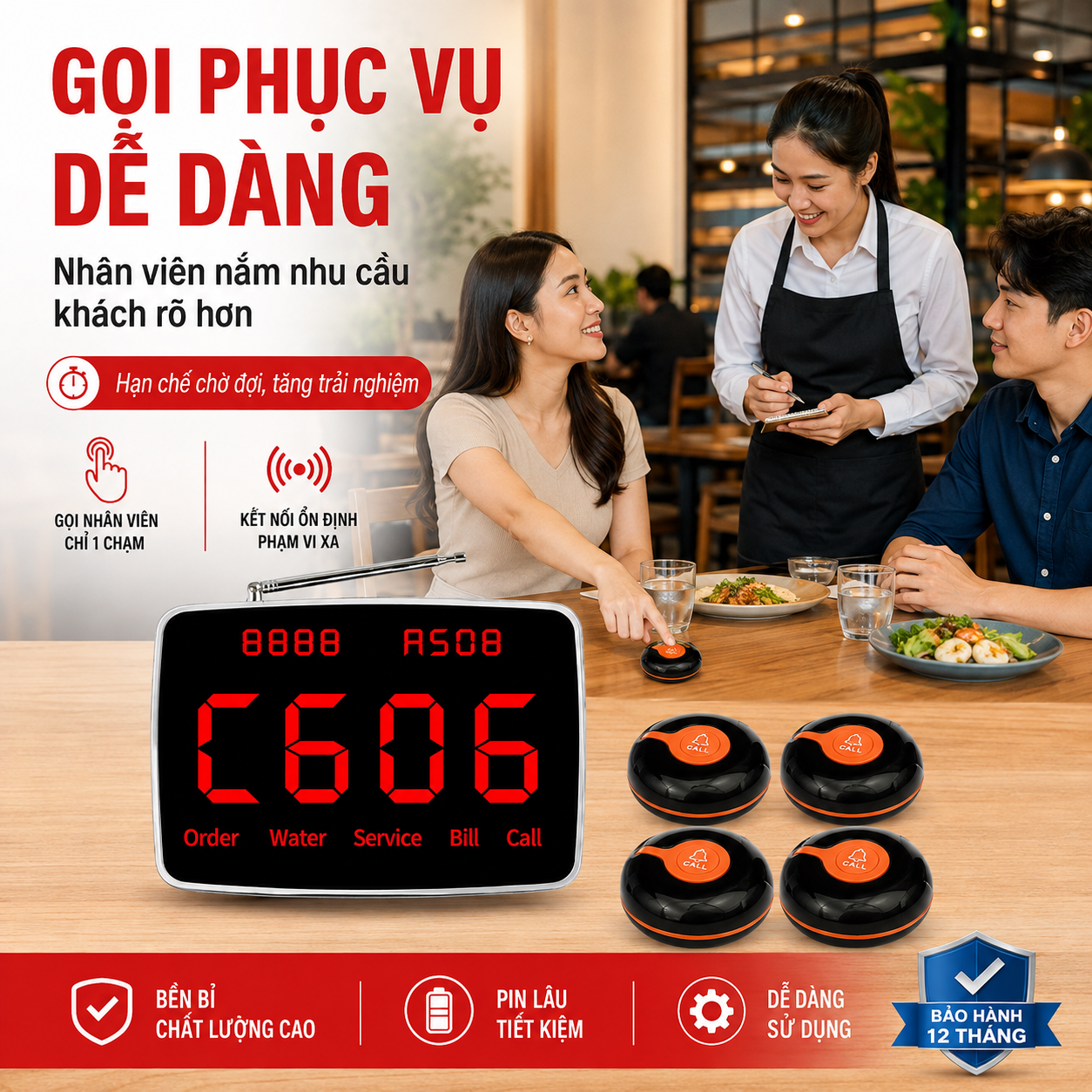Hệ thống gọi phục vụ PV06 giúp khách chủ động gọi nhân viên tại bàn