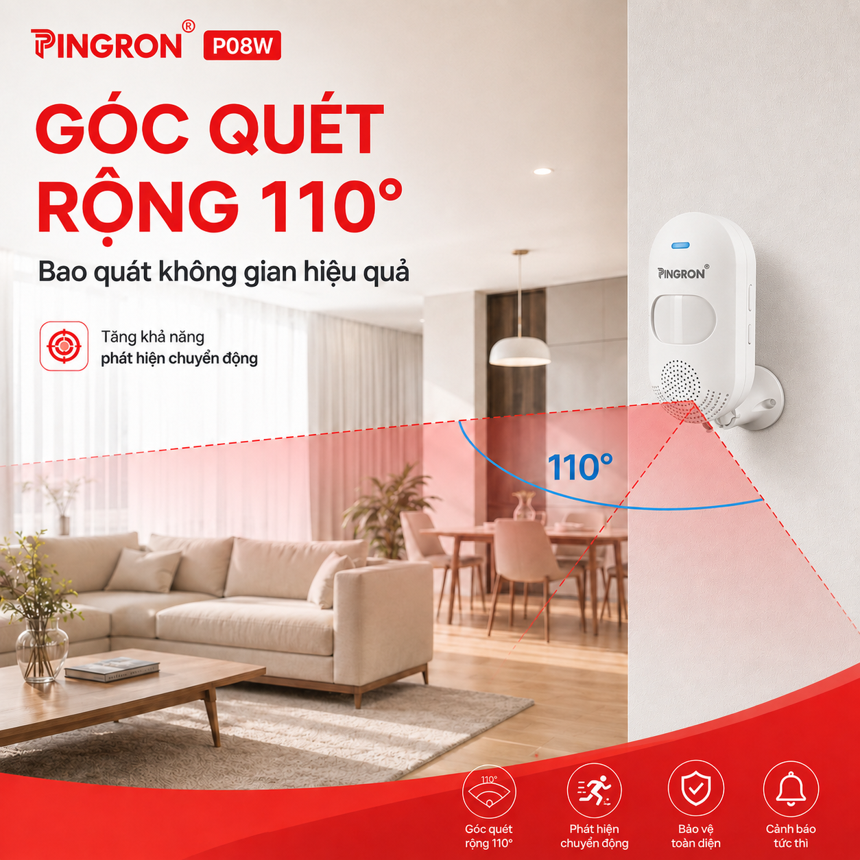 Cảm biến chuyển động Pingron P08W gắn tường với góc quét rộng 110 độ