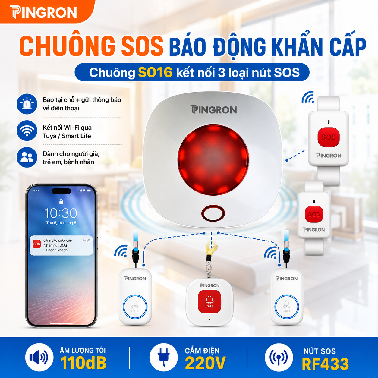 Chuông báo khẩn cấp người già Pingron S016W kèm nút SOS N03 / N02 / DB06