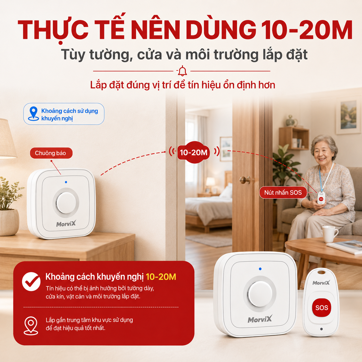 Khoảng cách sử dụng thực tế khuyến nghị 10 đến 20 m cho MorviX MD02