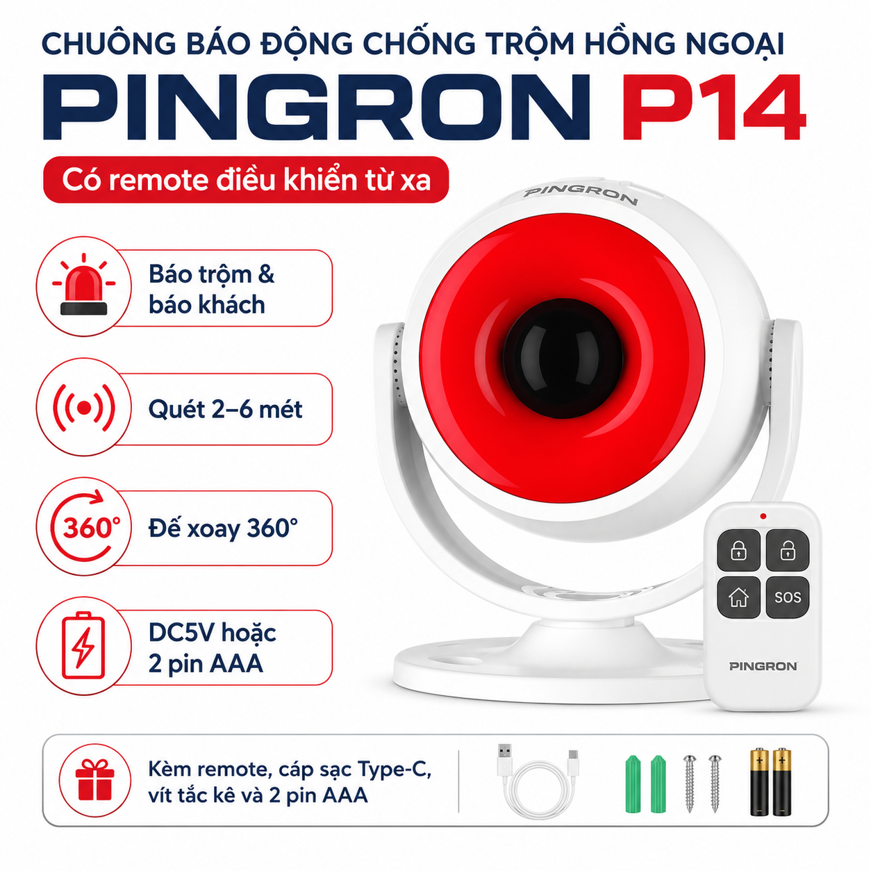 Chuông báo động chống trộm hồng ngoại PINGRON P14 có remote