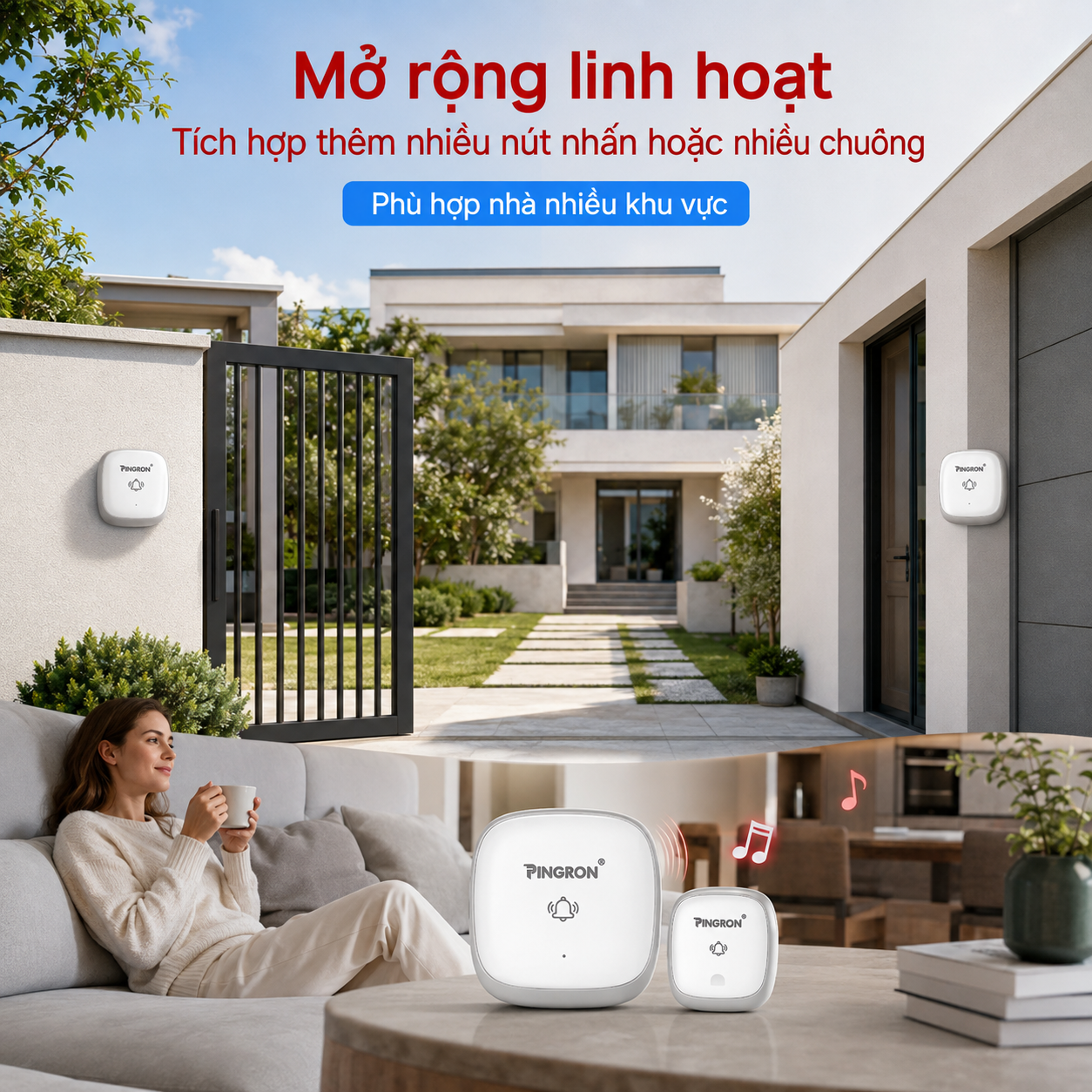 Chuông cửa PINGRON DB04 hỗ trợ kết hợp thêm nhiều nút nhấn và chuông