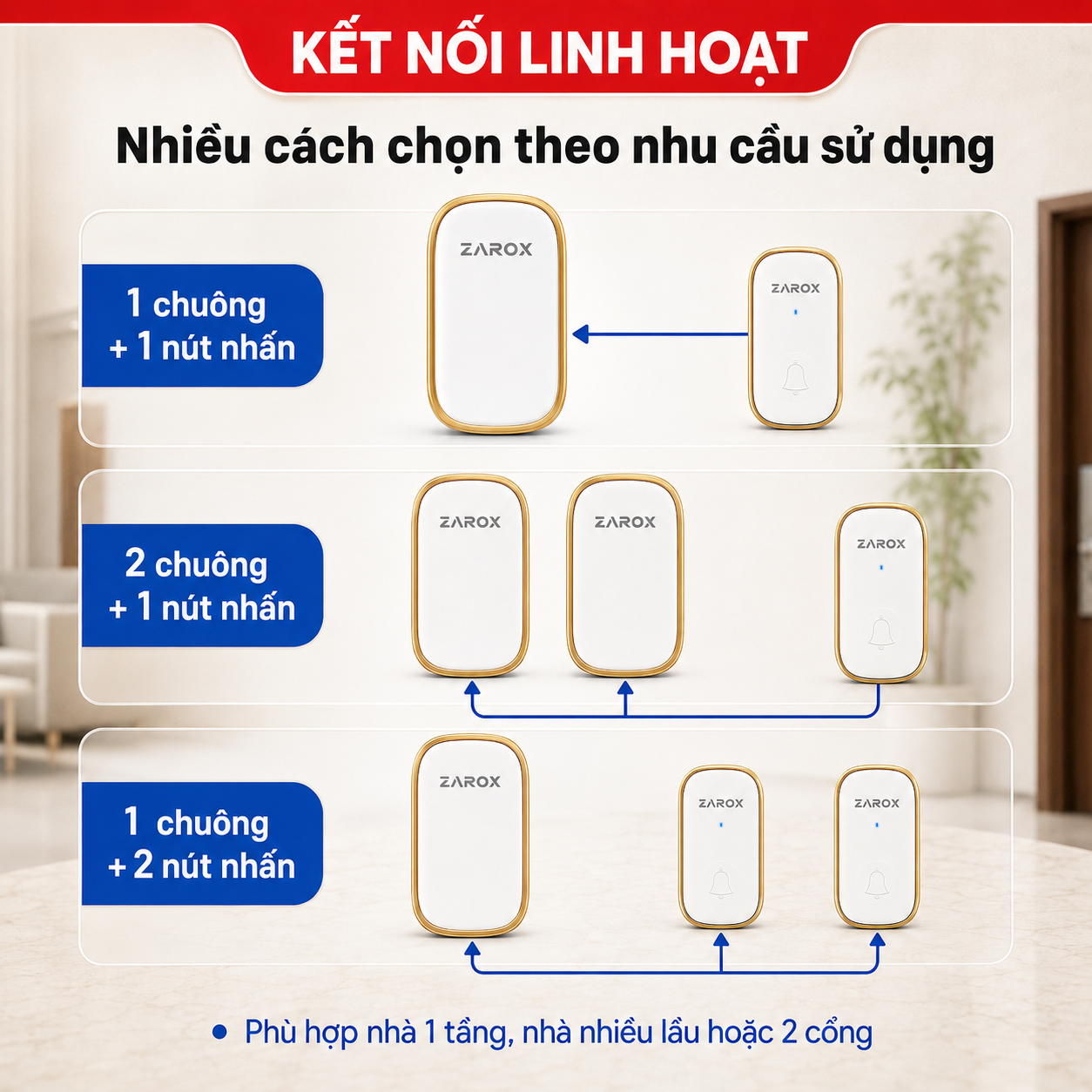 Các lựa chọn ZAROX ZD02 một chuông một nút hai chuông một nút và một chuông hai nút