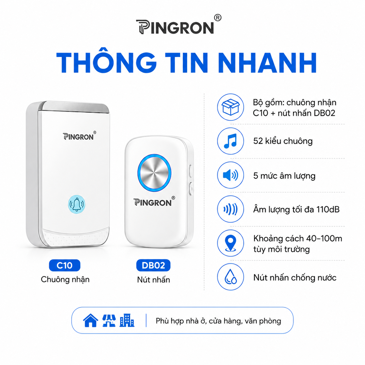 Chuông cửa không dây PINGRON DB02 – Cài chuông riêng cho từng nút nhấn – ảnh 8