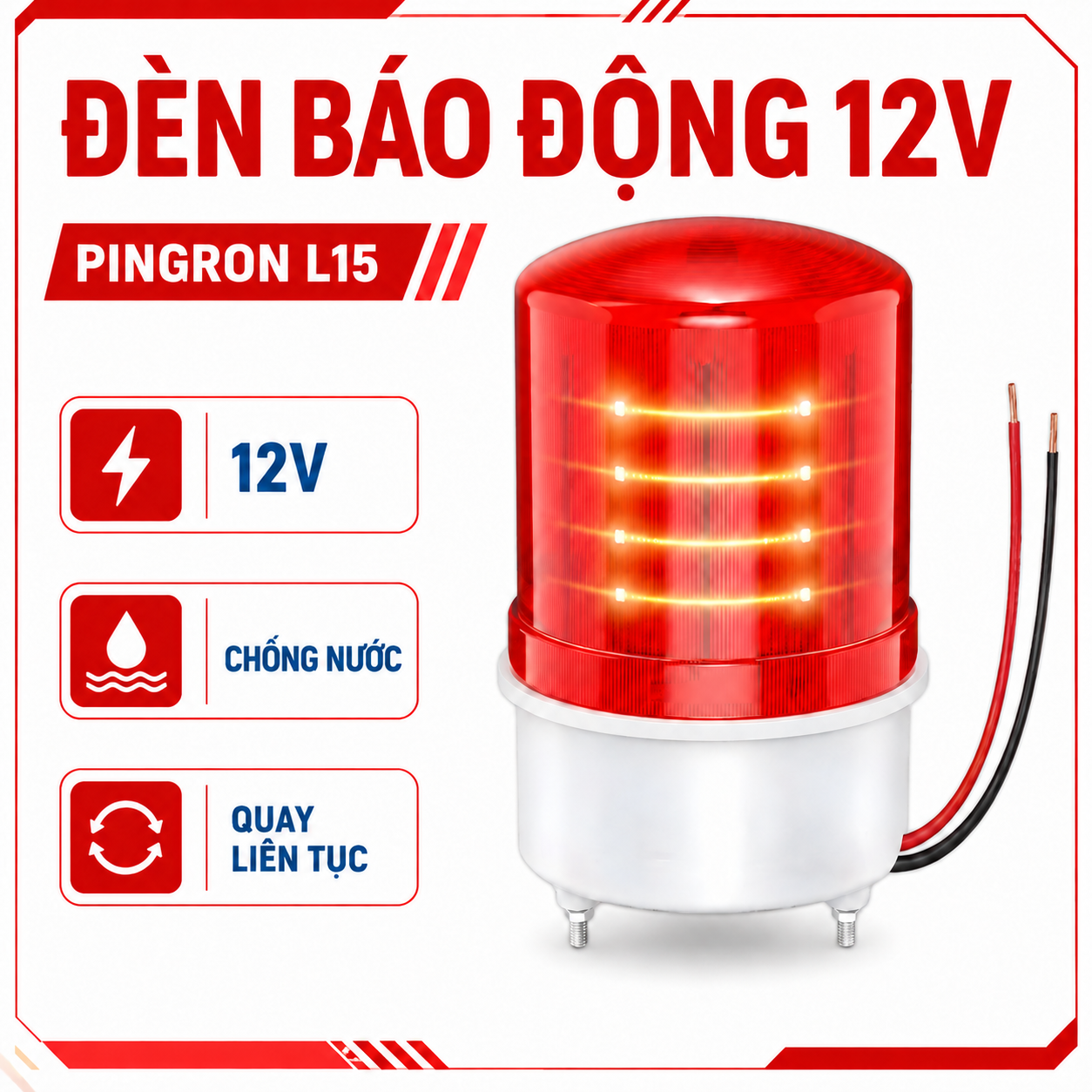 Đèn Báo Động 12V PINGRON L15 | Đèn Cảnh Báo Quay Liên Tục, Màu Đỏ