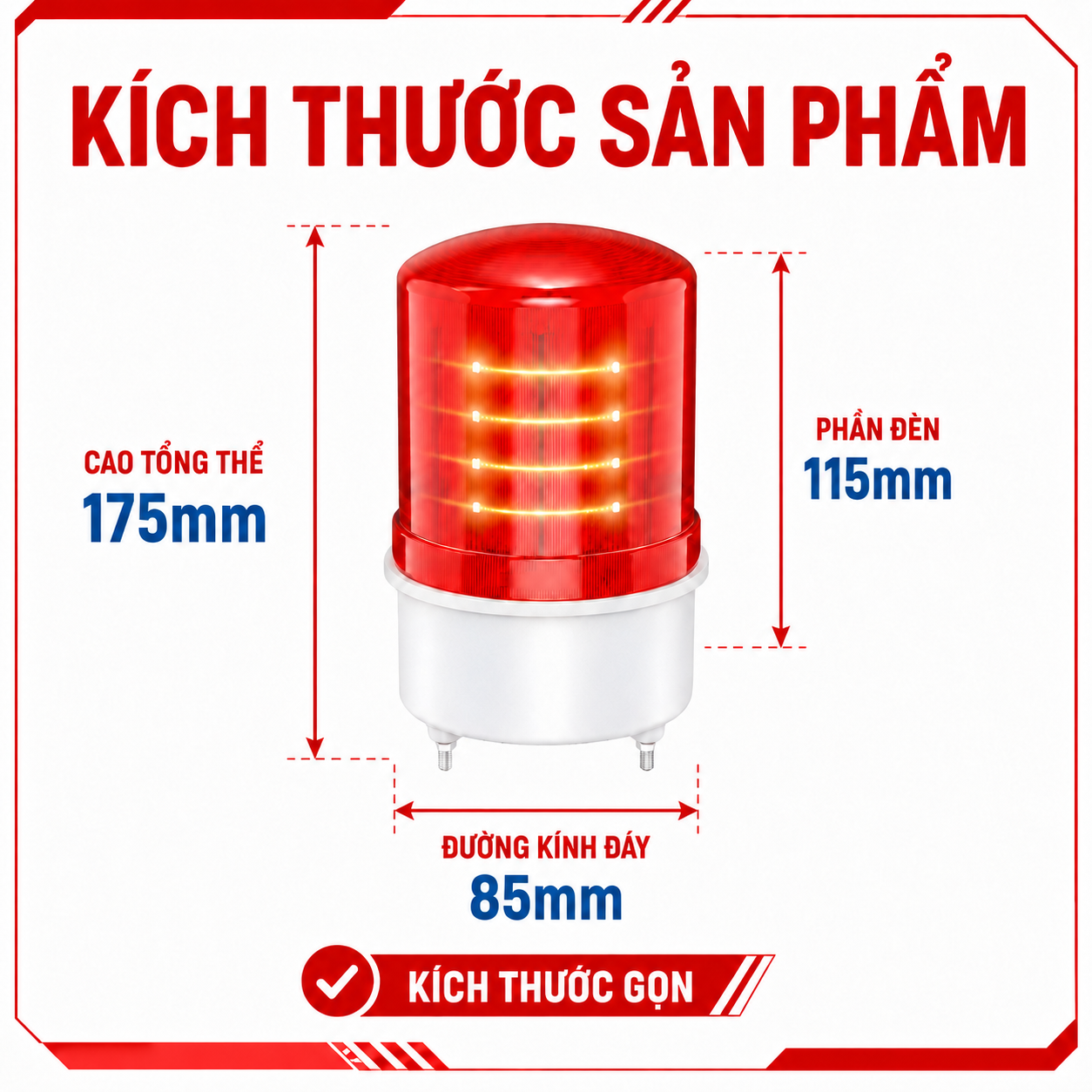 Kích thước đèn PINGRON L18 cao 175mm phần đèn 115mm đáy 85mm