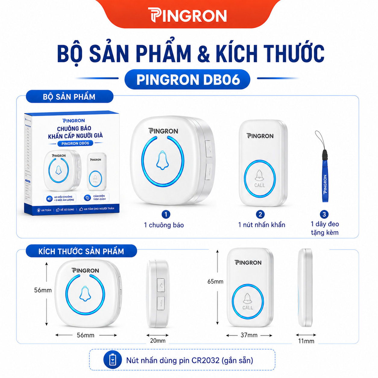 Chuông Báo Khẩn Cấp Người Già PINGRON DB06 Không Dây, Nút Nhấn Đeo Cổ, 60 Kiểu Chuông, 5 Mức Âm Lượng – ảnh 8