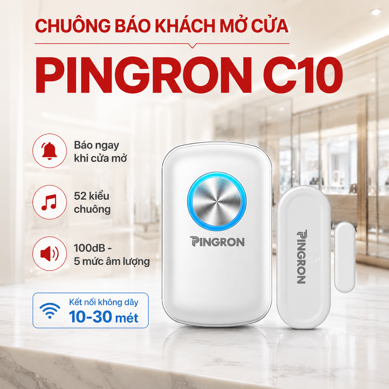 Chuông Báo Khách Gắn Cửa PINGRON C10 | 52 Kiểu Chuông, Âm Thanh Lớn 100dB