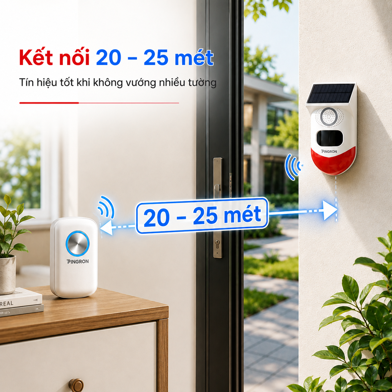 PINGRON CP10 kết nối cảm biến và chuông khoảng 20–25 mét khi ít vật cản