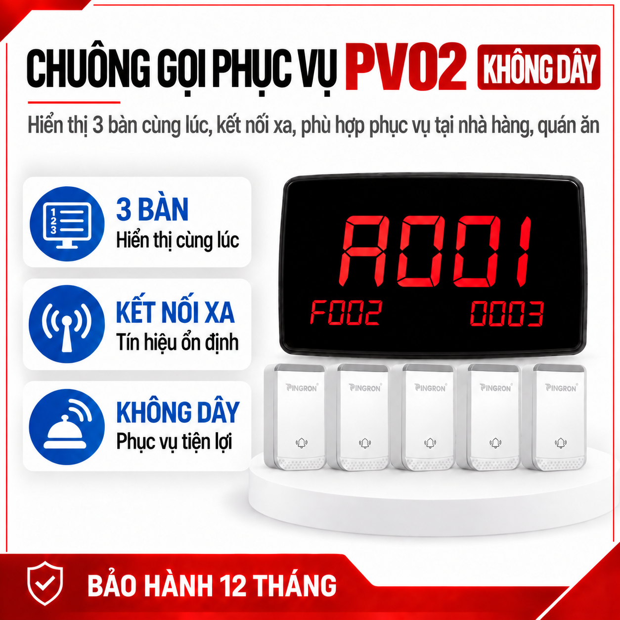Chuông gọi phục vụ không dây PINGRON PV02 hiển thị 3 số bàn cùng lúc