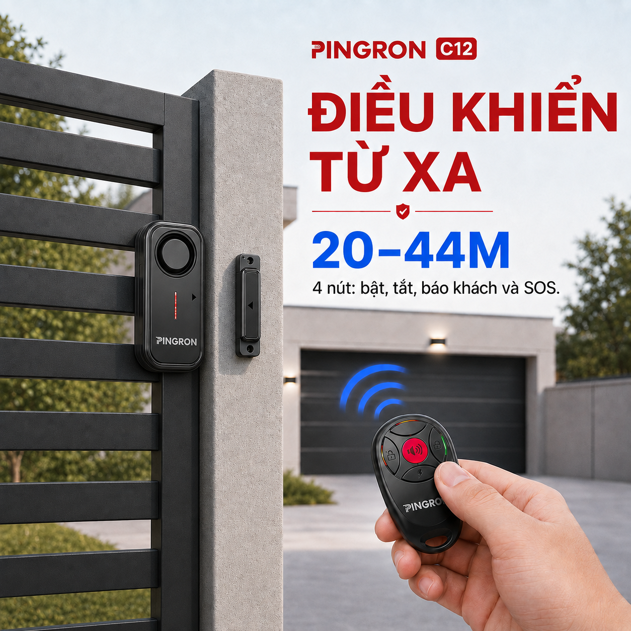 Remote điều khiển thiết bị báo động cửa PINGRON C12 khoảng cách 20 đến 44 mét