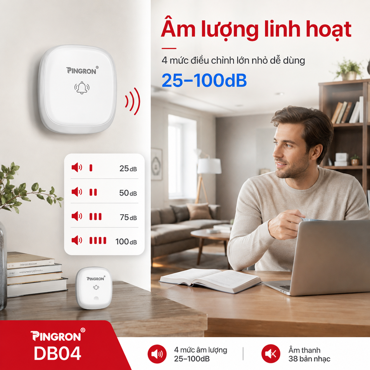 PINGRON DB04 có 4 mức âm lượng điều chỉnh từ 25 đến 100dB