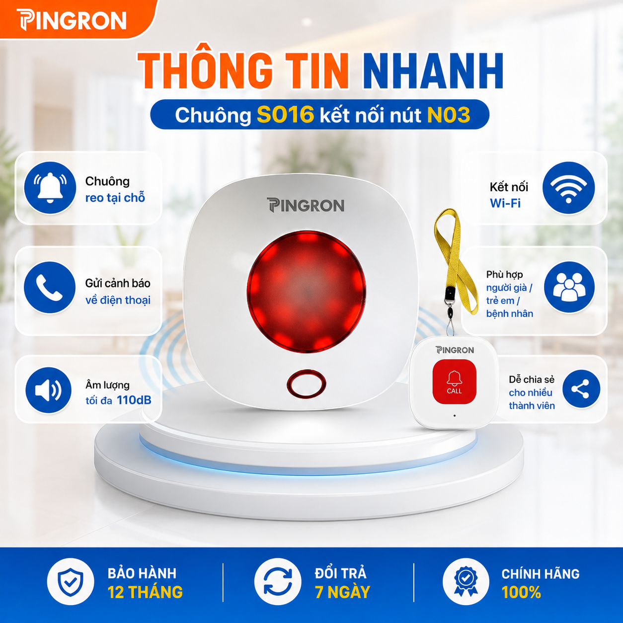 Chuông báo khẩn cấp người già Pingron S016W kèm nút SOS N03 / N02 / DB06 – ảnh 8