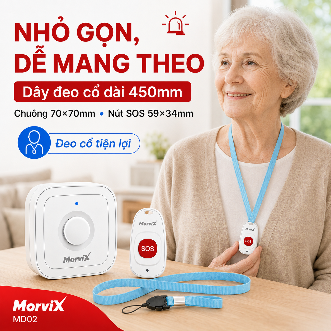 Kích thước chuông MorviX MD02 70 x 70 mm nút SOS 59 x 34 mm và dây đeo 450 mm