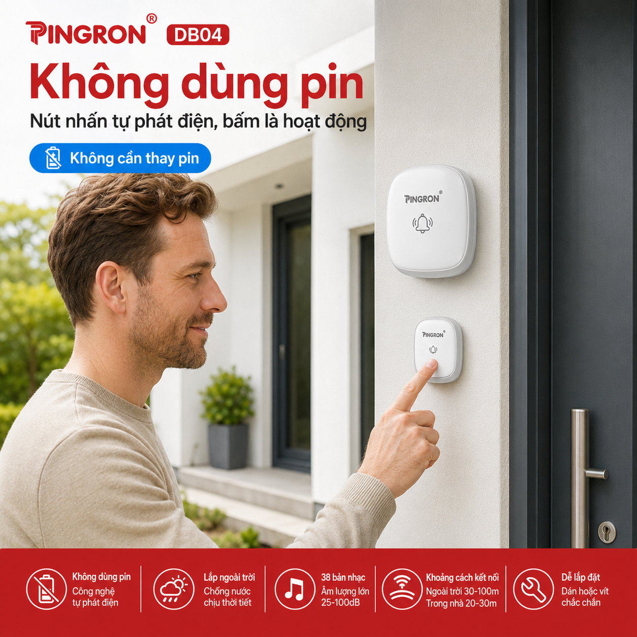 Nút nhấn chuông cửa PINGRON DB04 tự phát điện không cần thay pin