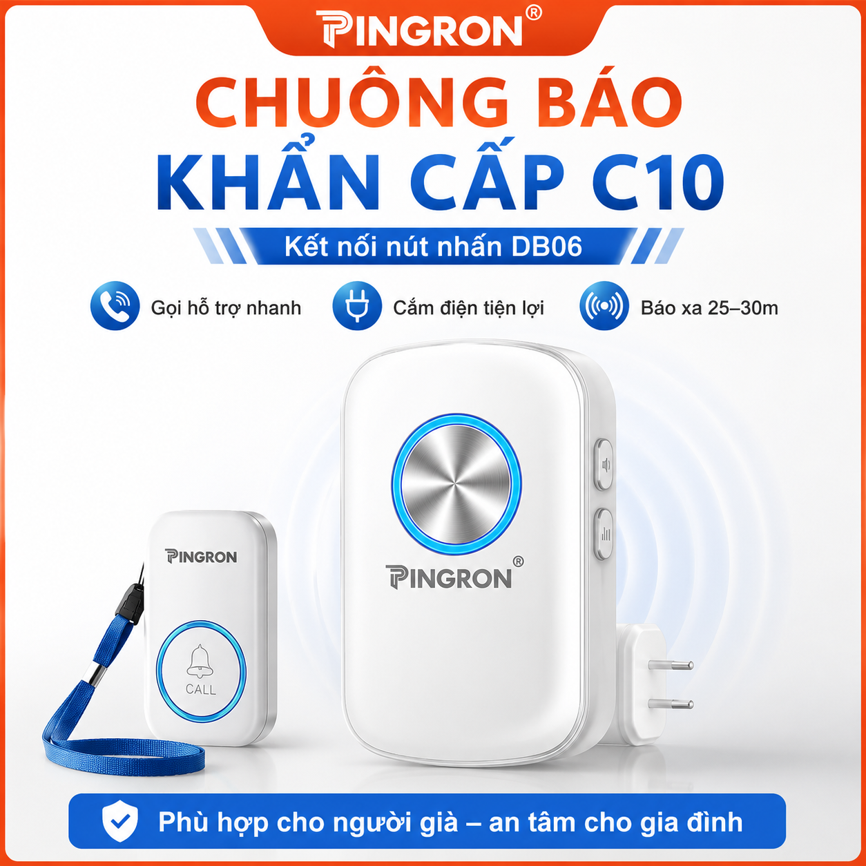 Chuông báo động khẩn cấp SOS PINGRON C10 + nút nhấn DB06 cho người già