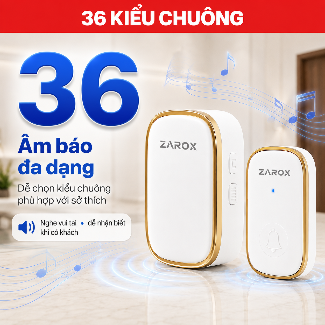 Chuông cửa không dây ZAROX ZD02 với 36 kiểu âm báo