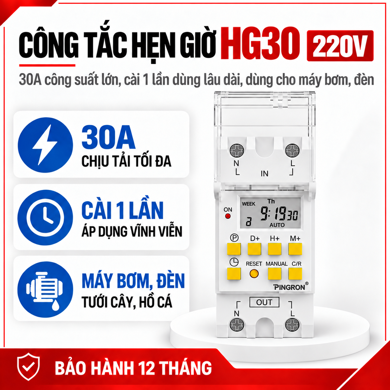 Công Tắc Hẹn Giờ Timer PINGRON HG30 220V 30A – 28 Lần Bật/Tắt