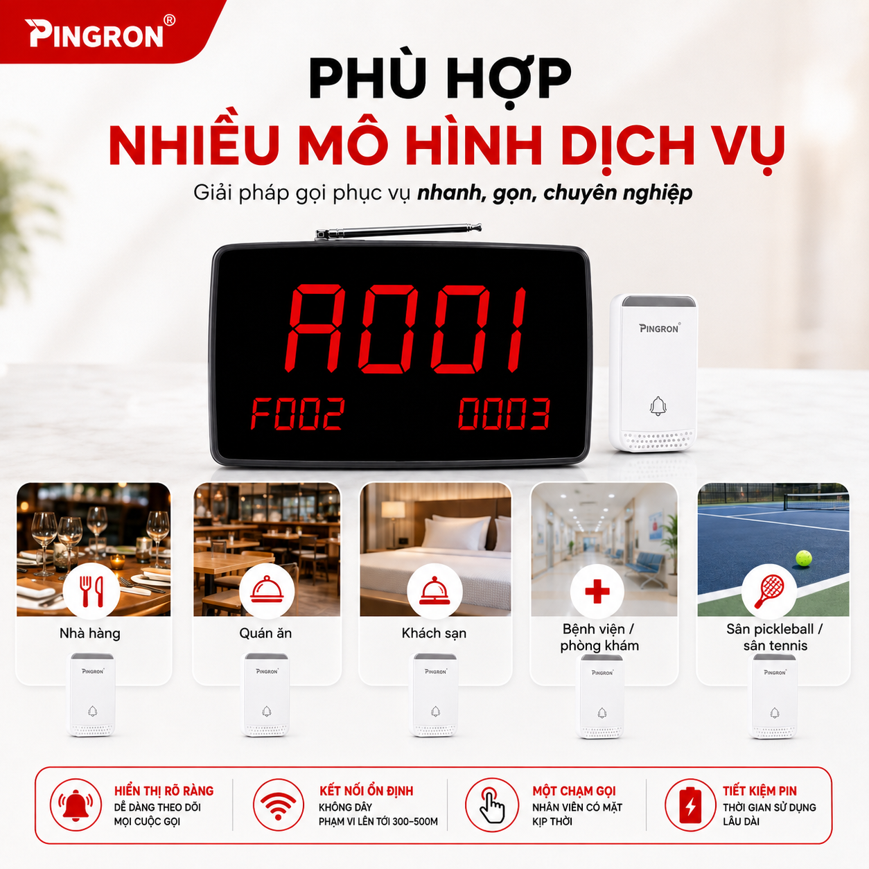 Chuông gọi phục vụ không dây PINGRON PV02 hiển thị 3 số bàn cùng lúc – ảnh 4