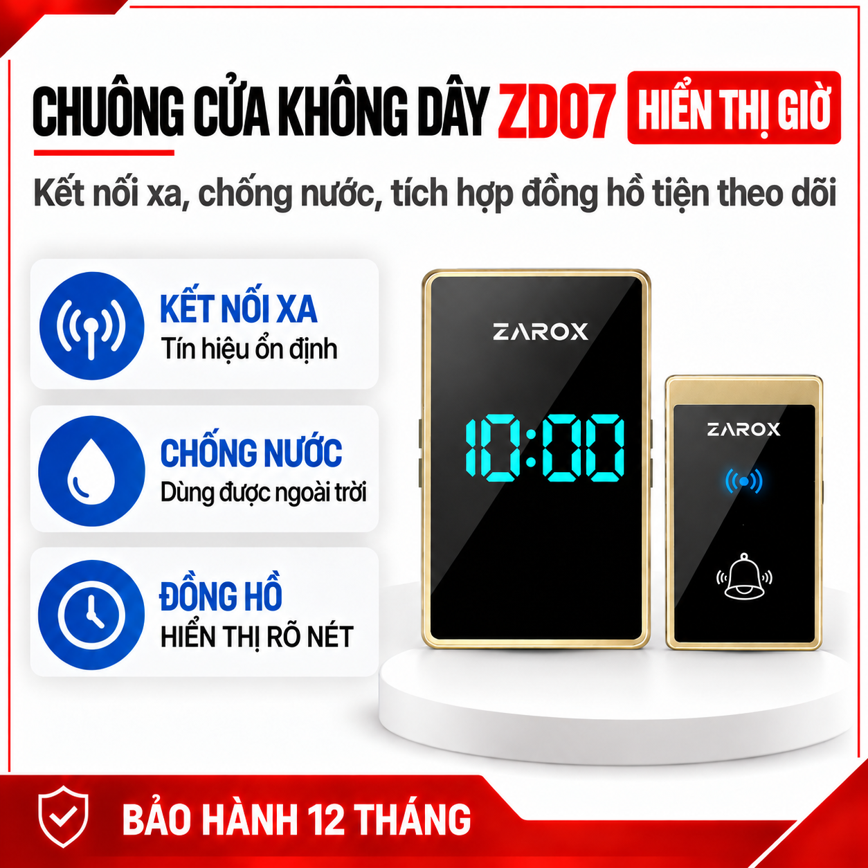 Chuông cửa không dây hiển thị giờ ZAROX ZD07