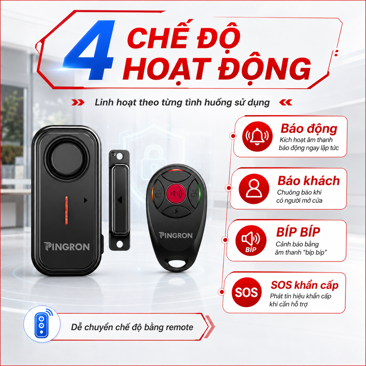 Thiết bị báo động PINGRON C12 với 4 chế độ báo trộm SOS báo khách và BÍP BÍP