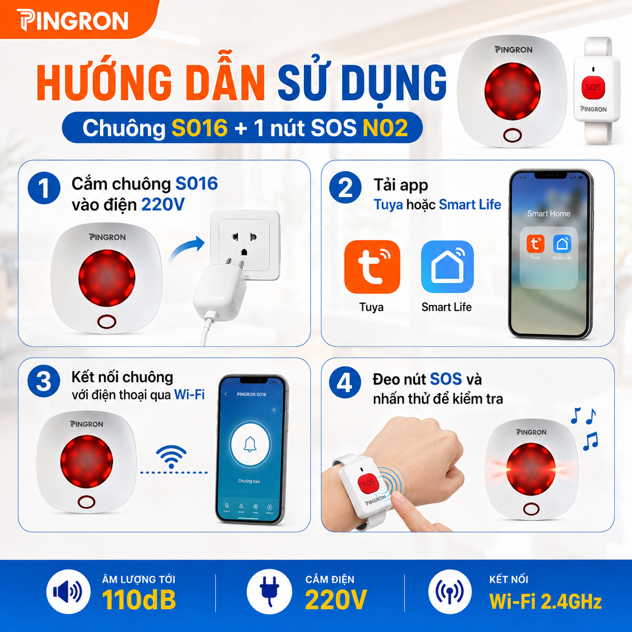 Chuông báo khẩn cấp người già Pingron S016W kèm nút SOS N03 / N02 / DB06 – ảnh 7