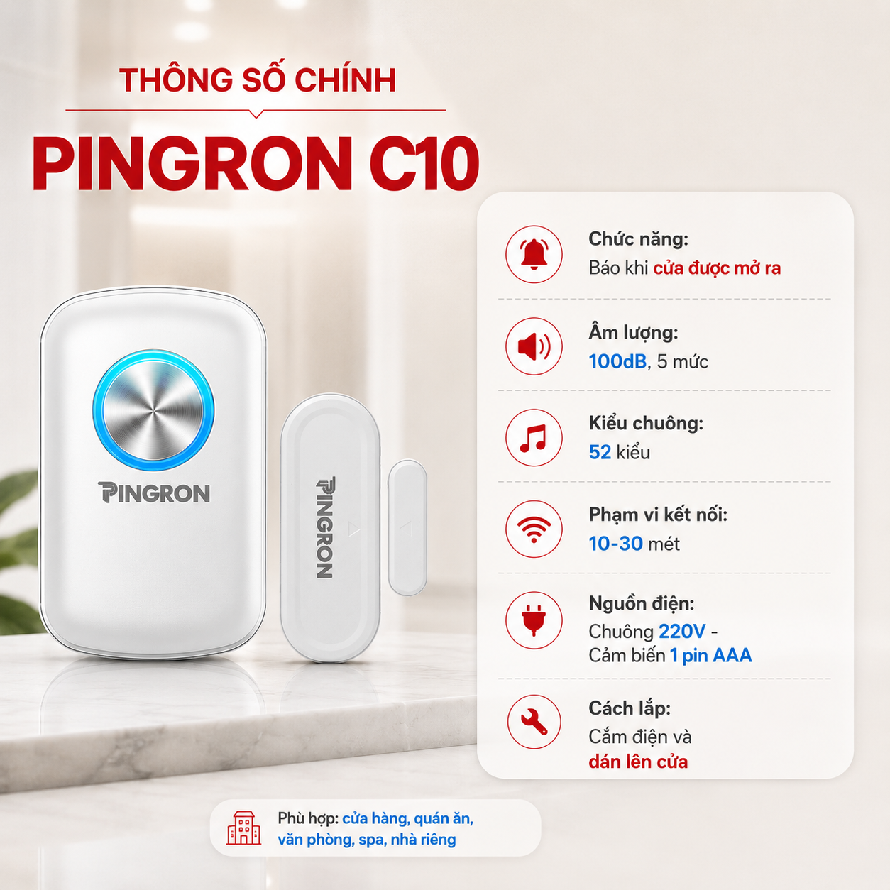Thông số chuông báo khách gắn cửa PINGRON C10
