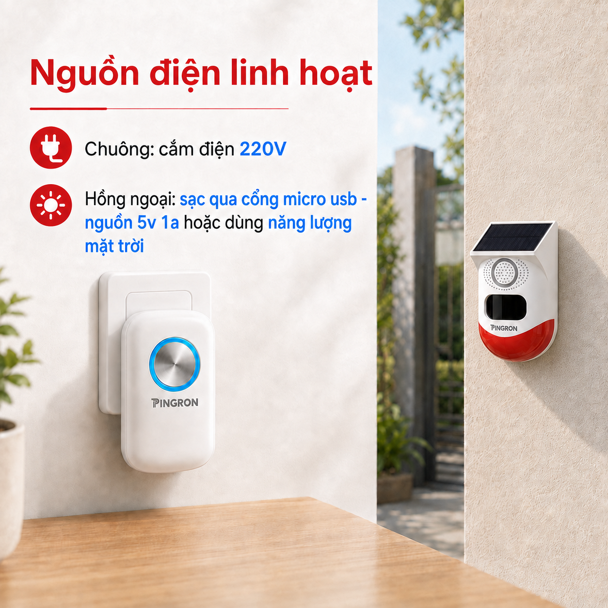 Nguồn điện PINGRON CP10 với chuông 220 V và cảm biến sạc Micro USB DC 5 V 1 A hoặc năng lượng mặt trời