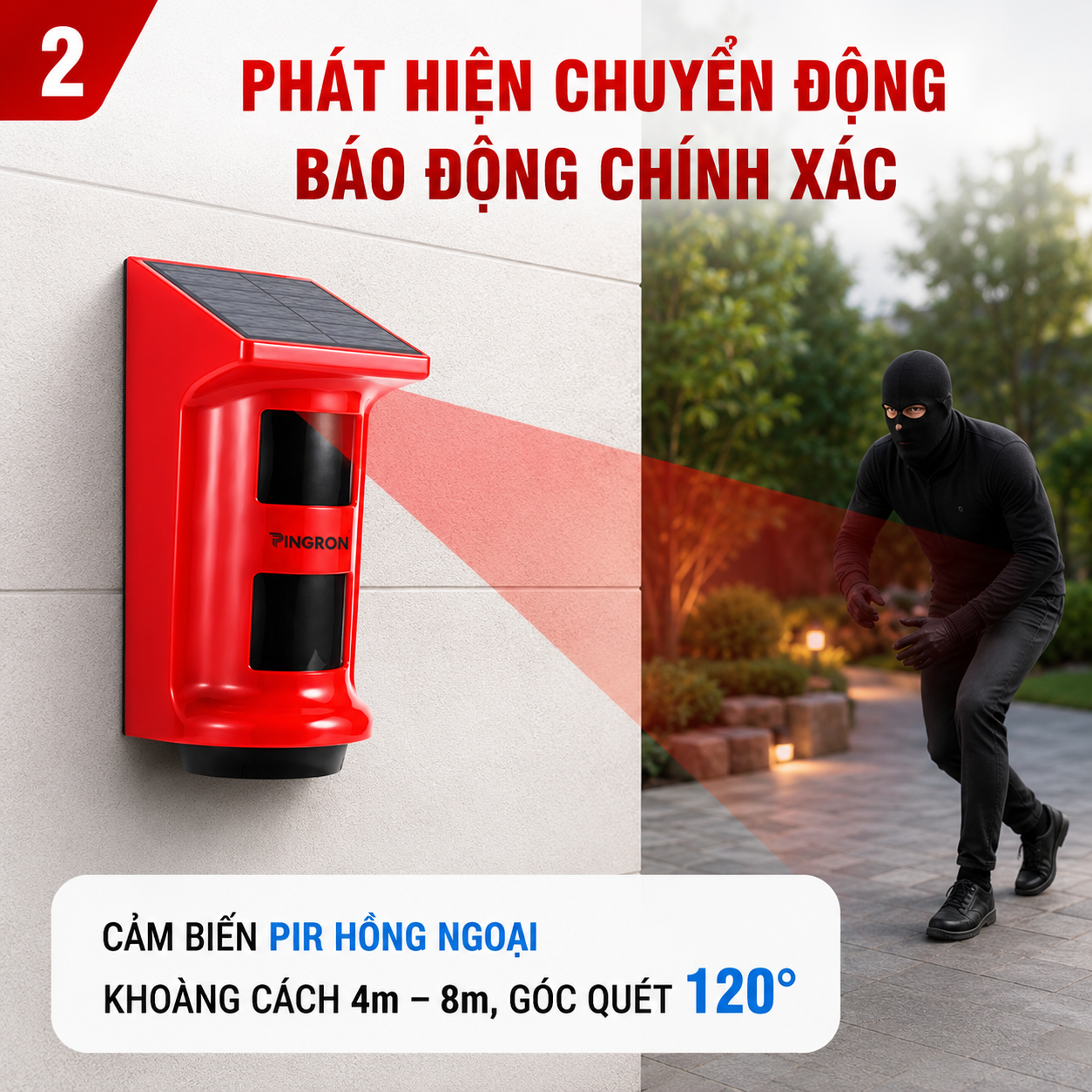 PINGRON P09 phát hiện chuyển động 4–8 m và góc quét 120 độ