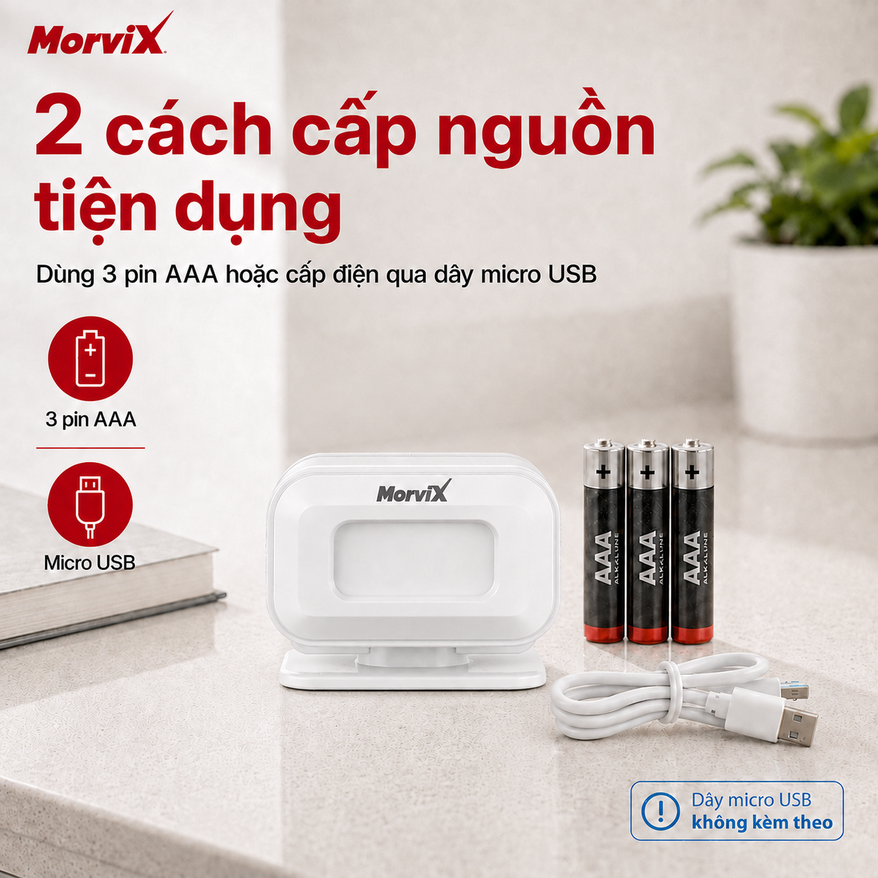 Chuông MORVIX MD03RC dùng 3 pin AAA hoặc cấp nguồn qua micro USB