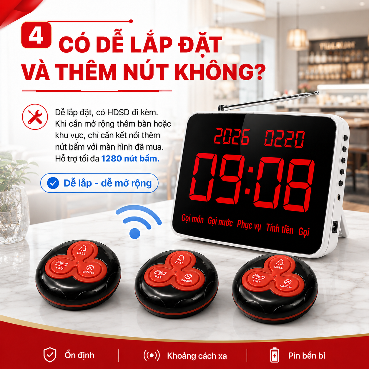 Hệ thống gọi phục vụ PV06-TV dễ lắp đặt và hỗ trợ kết nối thêm nút gọi