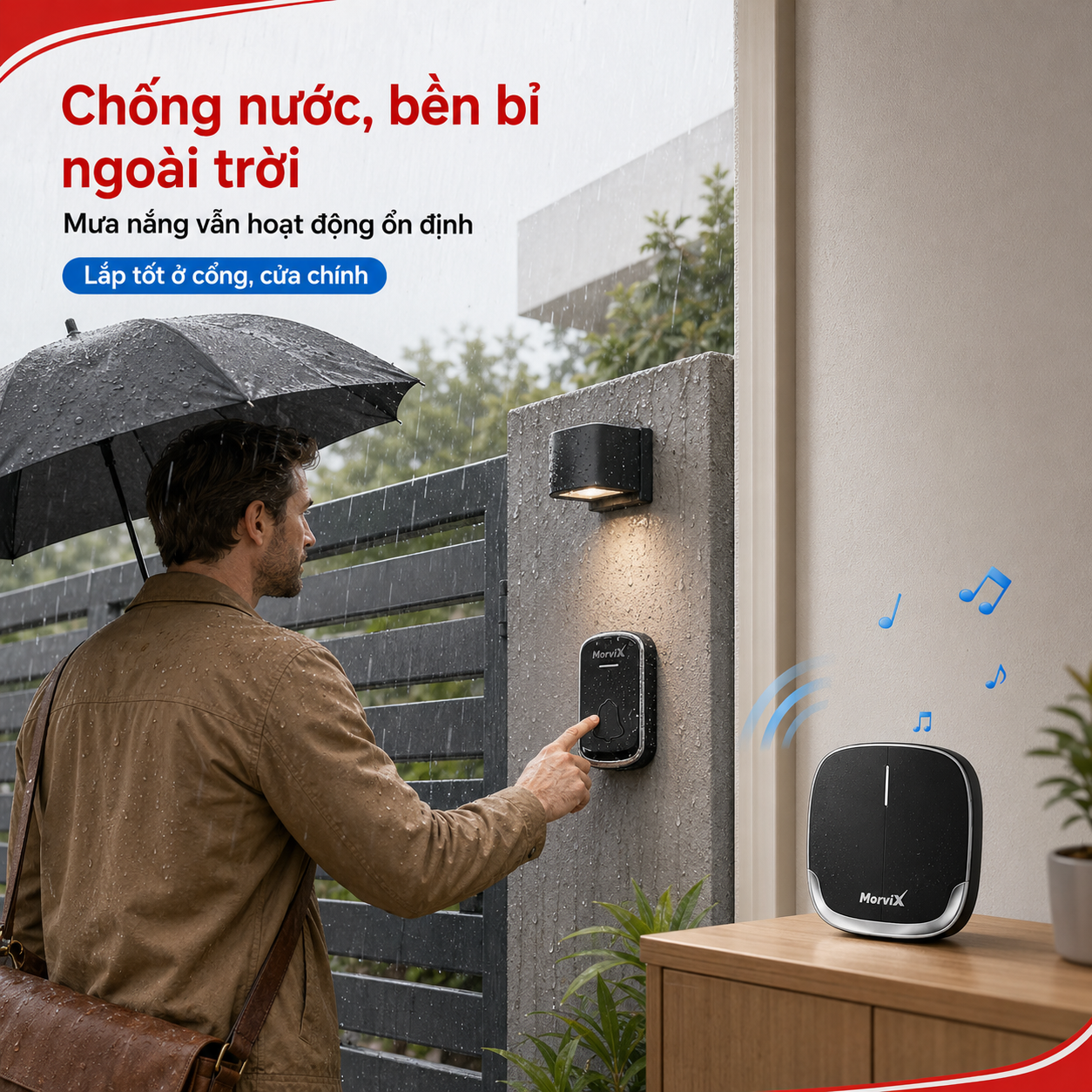 Nút nhấn chuông cửa MORVIX MD01 chống nước lắp ngoài cổng khi trời mưa