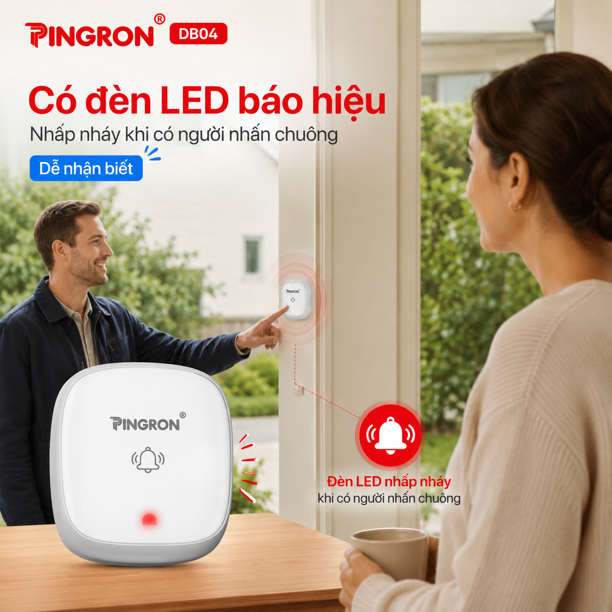 Chuông cửa PINGRON DB04 có đèn LED nhấp nháy khi khách nhấn chuông