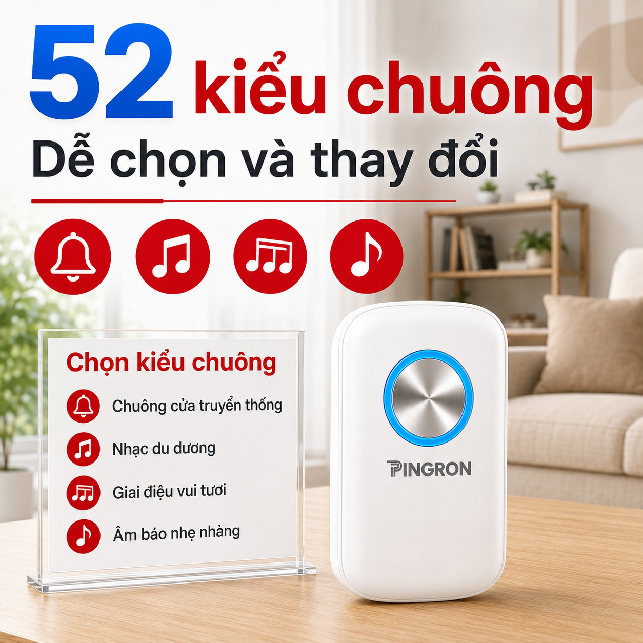 Chuông báo khách PINGRON CP10 hỗ trợ 52 kiểu chuông để lựa chọn