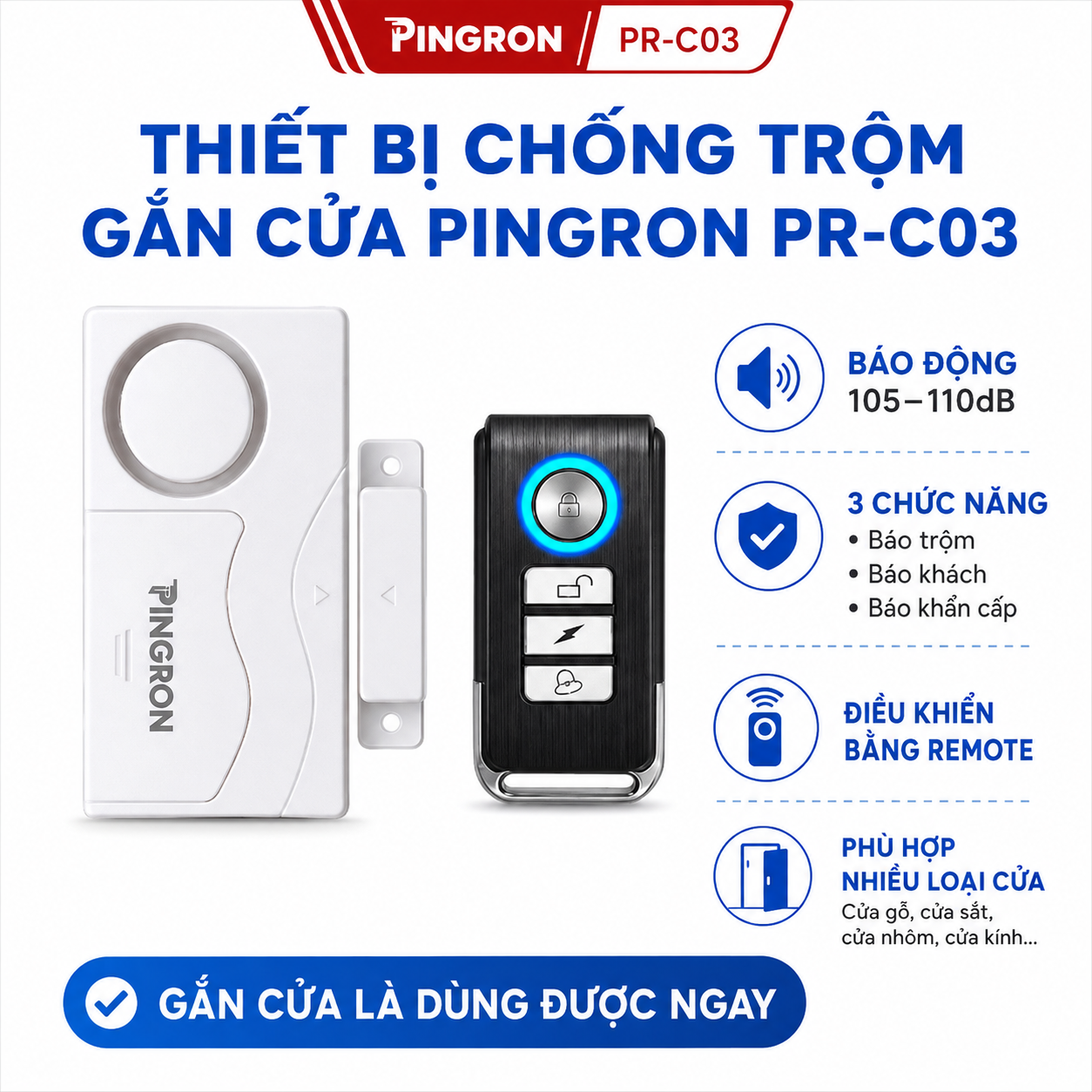 Thiết bị chống trộm gắn cửa PINGRON PR-C03, báo động 105-110dB, 3 chế độ